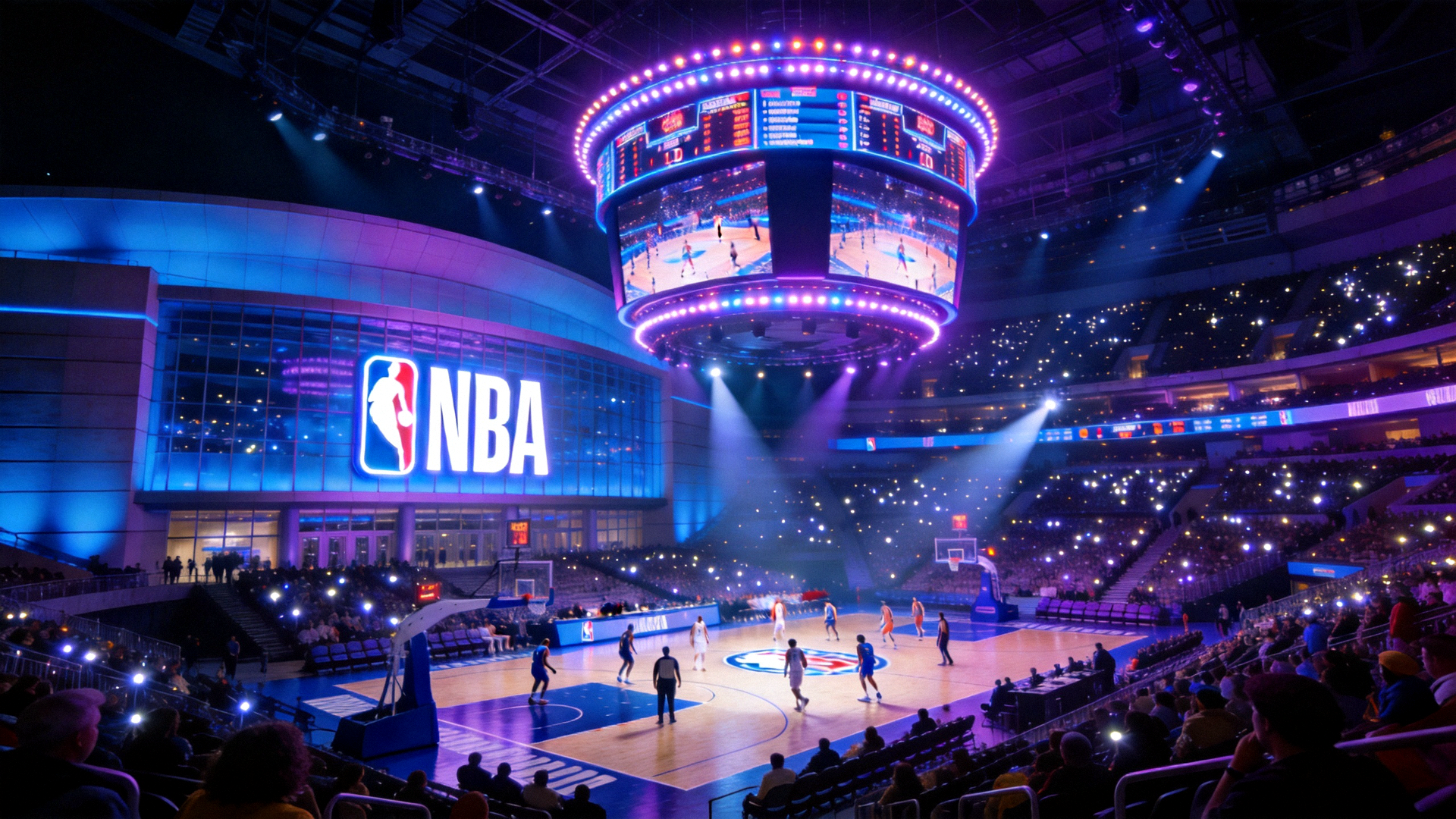 NBA篮球比赛场馆全景夜景灯光